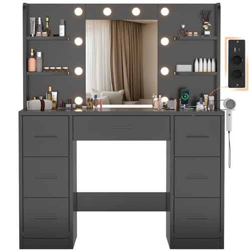 Devoko Tocador de Maquillaje con Luces LED, Enchufes, Mesa de Maquillaje con Soporte para Secador de Pelo, Gran Espejo de 10 Bombillas, 7 Cajones y 6 Estantes, 108x40x137CM Moderno, Negro