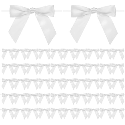 M METERXITY 50pcs Satin Ribbon Twist Tie Bows 3.5" White Bows