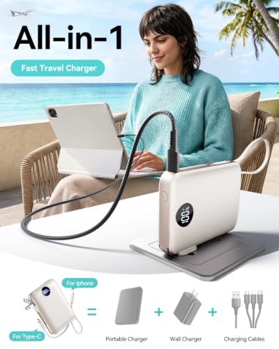 Image of Portable Charger Power Bank 10000mAh, 45% Smaller Built-in Cables & AC Plug
