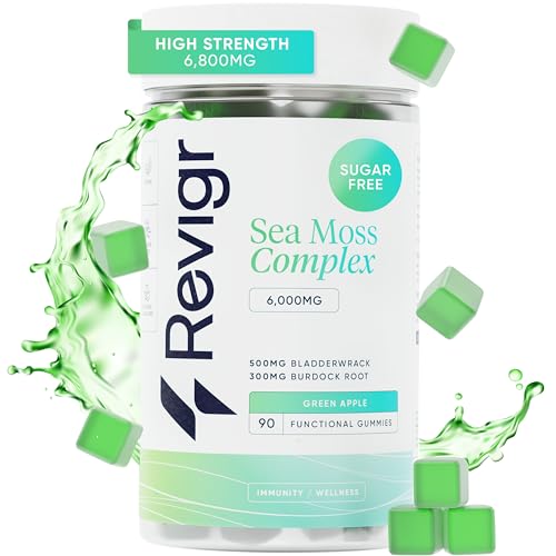 Revigr, Max 6000mg, 90 Sea Moss Gummies, Added 500mg Bladderwrack & 300mg Burdock Root, Immune & Gut Support, Vegan & Sugar-Free, Green Apple Flavour (1 Month Supply)