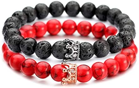 POSHFEEL 8mm Natural Stone CZ Micro Pave Crown King Queen Beads His and Hers Couple Bracelet, 7.5" (Black&Red-3)