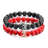 POSHFEEL 8mm Natural Stone CZ Micro Pave Crown King Queen Beads His and Hers Couple Bracelet, 7.5" (