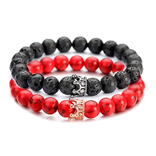 Poshfeel 8Mm Natural Stone Cz Micro Pave Crown King Queen Beads His And Hers Couple Bracelet, 7.5" (Black&Red-3) #TOP2