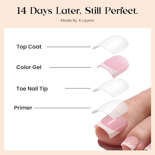 Image of Beetles X Press French Tip Toenails - Charm French | Glossy Pink Short Square Press On Toe Nails | 150 Pcs 15 Sizes Natural Salon Quality Gel Nail Tips for Women