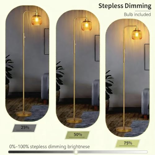 Ruiever Glass Floor Lamp for Living Room, Dimmer Standing Lamp with Green Ribbed Lampshade,66” Tall Lamp & Gold Floor Lamp for Bedroom Study Room,Brushed Gold (Drum Amber Glass Shade) by Ruiever - Used condition - Image 6