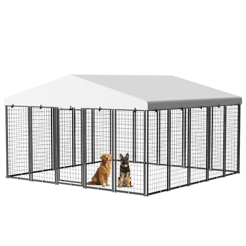 IronovaPets 10x10x6 FT Outdoor Dog Kennel with Waterproof Roof, Heavy Duty Dog Enclosures with Galvanized Welded Wire Steel & Dual Safety Lock (125x122)