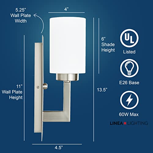 Linea di Liara Brio Brushed Nickel Sconce Frosted Glass Shade Modern Sconces Wall Lighting Fixture Bathroom Wall Sconce Vanity Wall Sconce and Hallway Wall Light Fixtures, UL Listed - Thumbnail 3