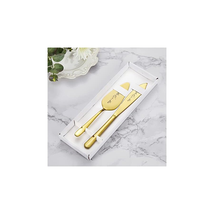 AW BRIDAL Gold Cake Cutting Set for Wedding, Mr Mrs Wedding Cake Knife Cake Pie Pastry Servers Gifts for Couples Wedding, Birthday, Parties and Events