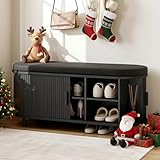 ONBRILL 43' Shoe Bench with Storage, Fluted Shoe Storage Bench with Cushion, Sliding Door and Adjustable Shelf, for Entryway, Hallway, Living Room (Black)