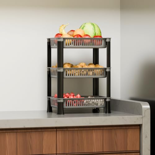 Image of Plastic Kitchen Rack, Multipurpose Vegetable & Fruit Storage Basket Organizer for Home, Pantry & Kitchen - Strong & Easy to Assemble (3 Layer, Silver)