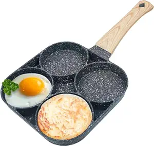 Vinskep 4 Hole Non Stick Egg Frying pan with Detachable Wooden Handle,Multi Purpose Frying pan for Omelet uttapam idli Burger Poached Egg Kitchen Breakfast, Aluminium Alloy,Black