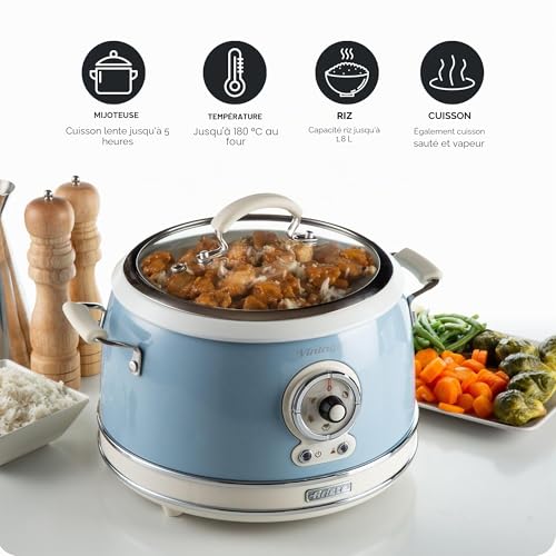 Ariete 2904, Cuiseur à Riz, Cuiseur à Riz Mijoteuse, Cuisson à la Vapeur, Ligne Vintage, 3,5 L, Revêtement Céramique Anti-Adhésif, 650 W, Celeste