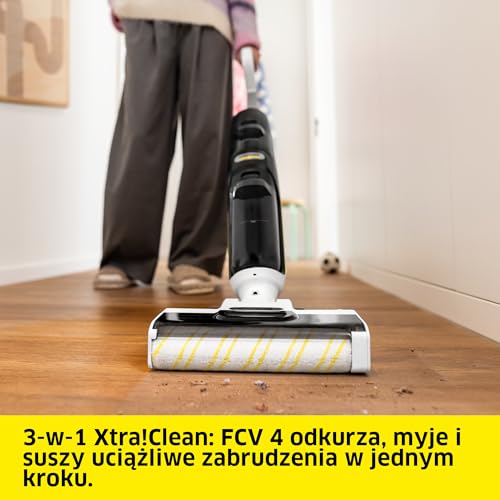 Kärcher bezprzewodowy mop odkurzający FCV 4 z 4 trybami czyszczenia, czas pracy na baterii: ok. 45 min, powierzchnia użytkowa na jedno ładowanie: ok. 200 m²