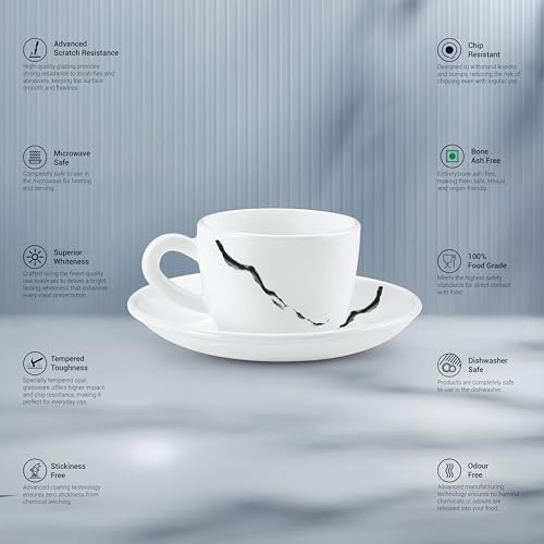 Image of Treo By Milton Opalware Ophelia 13 Stria Cup & Saucer Set | Microwave & Dishwasher Safe | Bone-Ash Free | Tempered Toughness | Set of 12 | White | Crockery Set for Daily Use & Gifting