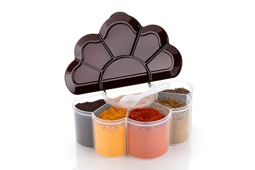 Image of Multipurpose Plastic 6 In 1 Masala Box for Kitchen,Spice Boxes for Kitchen,Transparent 6 Compartment Storage Containers Airtight Grocery, Dry Fruits Box 2000 Ml with 1 Spoon(Brown)
