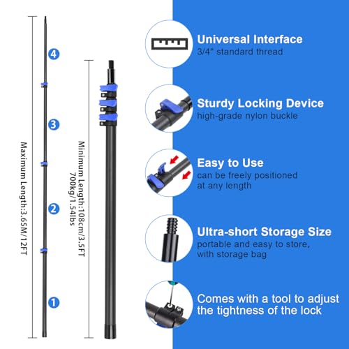 Image of DOBEN 12-Foot Carbon Fiber Window Cleaner Tool with Telescopic Extension Pole, Rotating Scrubber & Squeegee - Sturdy Lightweight Design for Indoor /Outdoor Glass Cleaning