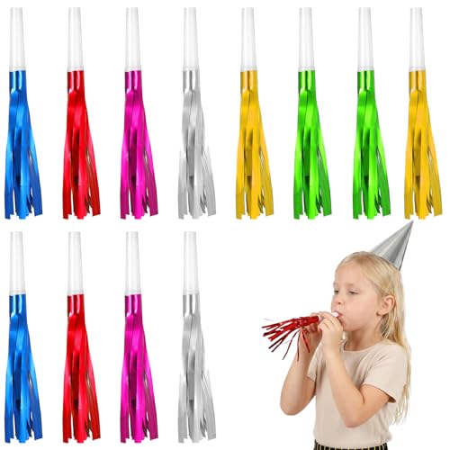 FNANJWQ 12 Pcs Glitter Noise Makers Metallic Fringed Party Blower New Years Noise Makers Blowouts for Adults Birthday Graduation Party Favors Supplies (Colorful)