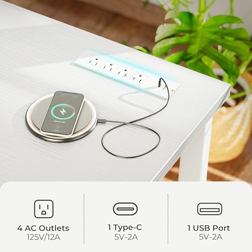 Huuger 55 x 24 inch Desk with Power Outlets & USB-C, Deeper & Thicker Desktop, Robust Metal Tubes, Computer Desk, Heavy Duty Office Desk, Work Gaming Desk for Home Office, White