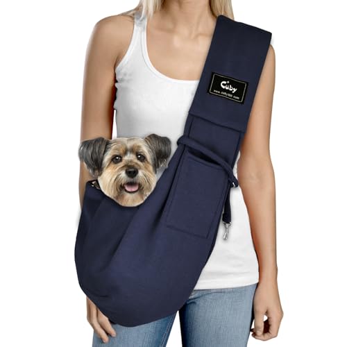 CUBY Puppy Dog Carrier, Pet Dog Sling Carrier for Small Medium Dogs Hands-free Sling Cat Carrier Comfortable Widen Shoulder Strap Double-sided Pouch Shoulder (Classic Blue, Cotton) option