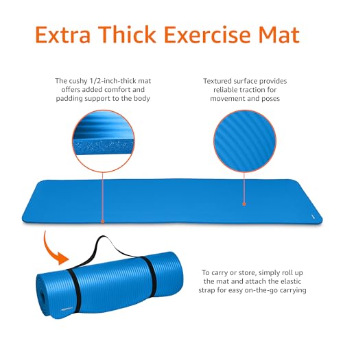 Amazon Basics 1/2 Inch Extra Thick Exercise Yoga Mat with Carrying Strap for Home Workouts and Fitness, Non-Slip, Cushioned Support, 74" x 24" x 0.5", Blue view 4