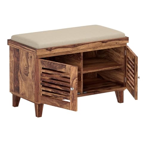 Image of Amazon Brand - Solimo Giljan Solid Sheesham Wood Shoe Storage Cabinet with Seating Bench, Natural Finish, 2 Doors