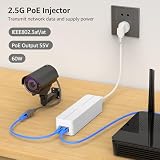 YuanLey 2.5 Gigabit PoE Injector 60 W, wtryskiwacz PoE konwertuje bez PoE w sieć PoE, 802.3bt/at/af, 10/100/1000/2500 Mbps adapter PoE Plug & Play, odległość do 325 stóp