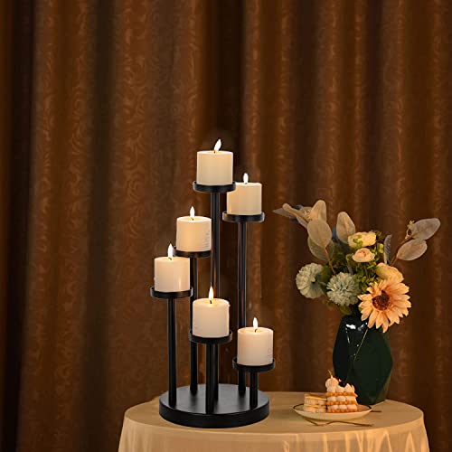 Fireplace Candelabra Centerpieces For Tables, Black Metal 6 Arms Candle Holders For Tealight Pillar Candles, 13.4Inches Tall Candlesticks For Wedding Dinning Party #TOP2