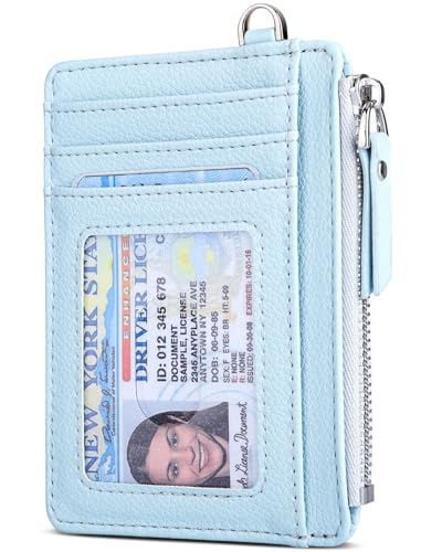 Teskyer Slim Minimalist Wallet, RFID Blocking Credit Card Holder Leather Wallet with Zipper Pocket for Men Women, Cyan, 3.5" x 4.7", Minimalist