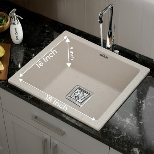 Image of ARQUIN Quartz Kitchen Sink 18x16x9 Inch Rosa | Single Bowl Sink | Durable & Scratch-Resistant | Undermount /Topmount Including Coupling, Waste Pipe & Fruit Washing Basket