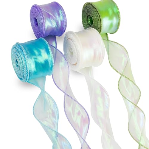 FLEXNOVA 4 Rollen Organzaband, 40mm x 9m Schleifenband Schimmernd Weiss Blau Grün Lila, Geschenkband Breit, Satinband, Chiffonband, Seidenband, Hochzeit Ribbon für Blumenstrauß Geschenkverpackungen