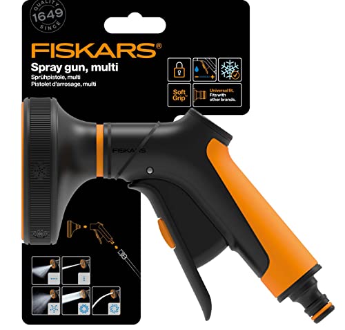 Fiskars Pistolet Pulvérisateur Multi, 5 Jets, Débit réglable en continu, avec Contrôle Gâchette à l'Avant et verrouillage marche/arrêt, SoftGrip, Taille universelle, noir/orange, 1065482