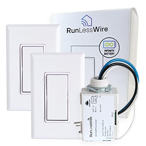Runlesswire 3-Way Wireless Light Switch & Receiver Kit With Infinite Battery No Wifi Or Batteries Needed 150+Ft Rf Range Diy Pre-Programmed Remote Control - 1 Receiver, 2 Switches - White #TOP7