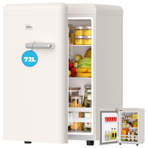 GUIVACI Frigorífico retro de 72 l – Silencioso (43 dB), 7 niveles de refrigeración, iluminación interior LED, para dormitorio, oficina, cocina y bar (blanco)