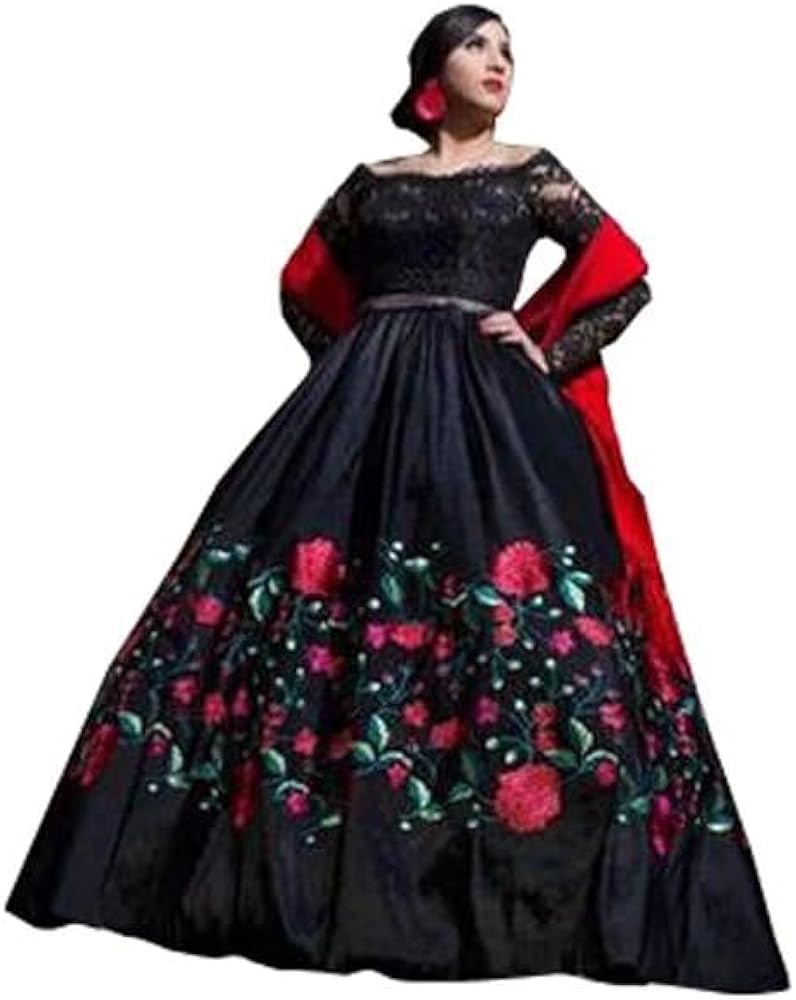 Amazon.com: Lace Long Sleeves Mexican Embroidered Quinceanera Dresses  Charro Plus Size Sweet 16 Dress Black 2: Clothing, Shoes & Jewelry