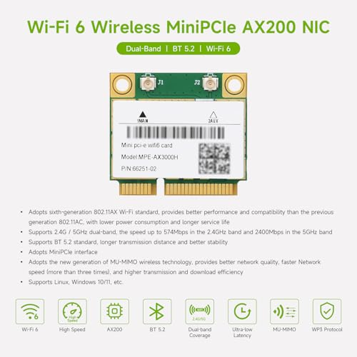 Waveshare Wireless MINIPCIE AX200 NIC, Compatible con Linux, Windows 10/11, Wi-Fi 6 Gigabit de Doble Banda, Estándar 802.11AX, Bluetooth 5.2 miniatura 3