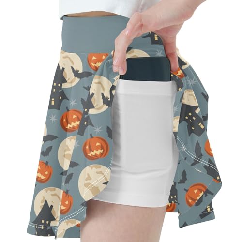 Girls Skorts High Waist Athletic Skirts with Shorts Halloween Pumpkin Stretchy Teens Performance Tennis2