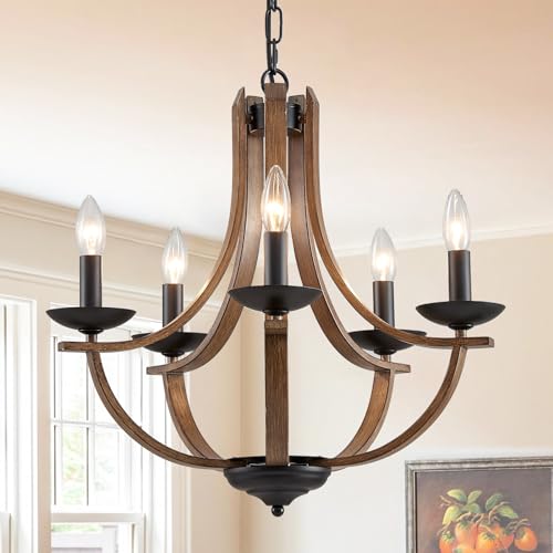Cabvope Modern Farmhouse Chandelier 5-Light, 21" Candle Dining Room Chandelier for Bedroom Hallway Kitchen Foyer, Rustic Adjustable Height Hanging Metal Ceiling Light Fixtures, Wood Grain and Black by Cabvope - Used condition - Image 9