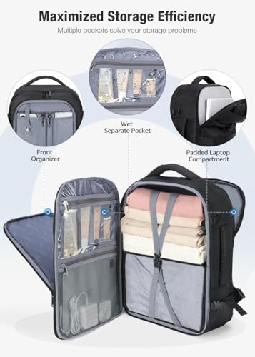 Lekespring Mochila de Viaje para Cabina de Avión 40x20x25 (20L), con Compartimento Húmedo y 6 Bolsas Organizadoras - Negocios y Escuela - Negro - imagen 4
