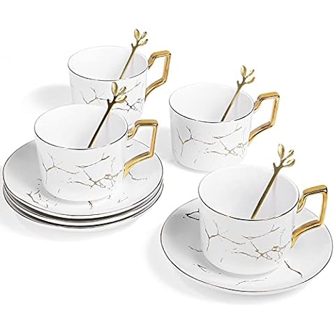 8.5 oz Golden Hand Print Tea Cup With Saucer Set And Cup And Ceramics Saucer Set Black (WHITE 4 pack) Cover