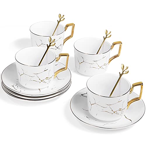 Lanliebao 8.5 Oz Golden Hand Print Tea Cup With Saucer Set And Cup And Ceramics Saucer Set Microwave Safe (White 4 Pack) #TOP2