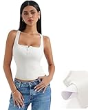 SUUKSESS Women Sexy Ribbed Square Neck Tank Tops with Built in Bra Summer Cotton Sleeveless Crop Going Out Cami (White,XS)
