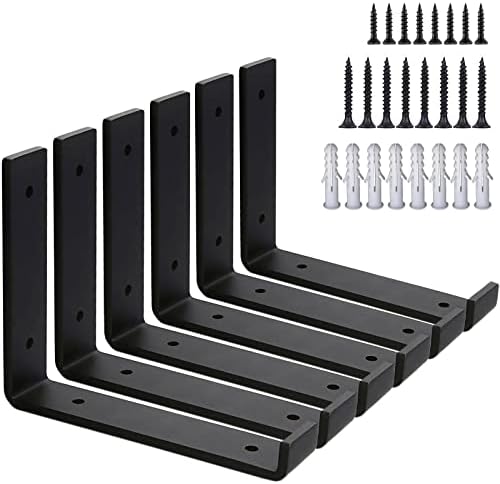 MLOQI Heavy Duty Shelf Brackets - 5mm Thick Black Shelf Supports with Lip for Shelves, L Wall Shelf Bracket for DIY Open Shelving - Industrial Metal Shelf Bracket 6 Pack (8"L x 6"H)