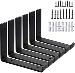 MLOQI Heavy Duty Shelf Brackets - 5mm Thick Black Shelf Supports with Lip for Shelves, L Wall Shelf Bracket for DIY Open Shelving - Industrial Metal Shelf Bracket 6 Pack (8"L x 6"H)