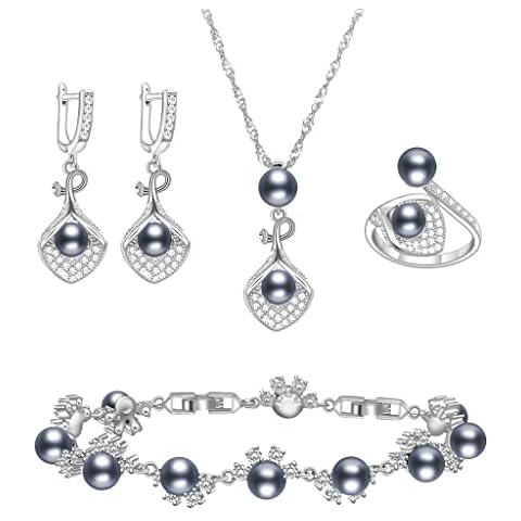 LMXXVJ Jewelry Set for Women - Gray Faux Pearl Adjustable Ring Earrings Bracelet Necklace Sets Romantic Gift for Mom/Wife/Best Friend Goddess/Valentine’s Day,Platinum Plated Cover