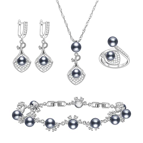 Lmxxvj Jewelry Set For Women - Gray Faux Pearl Adjustable Ring Earrings Bracelet Necklace Sets Romantic Gift For Mom/Wife/Best Friend Goddess/Valentine’s Day,Platinum Plated #TOP11