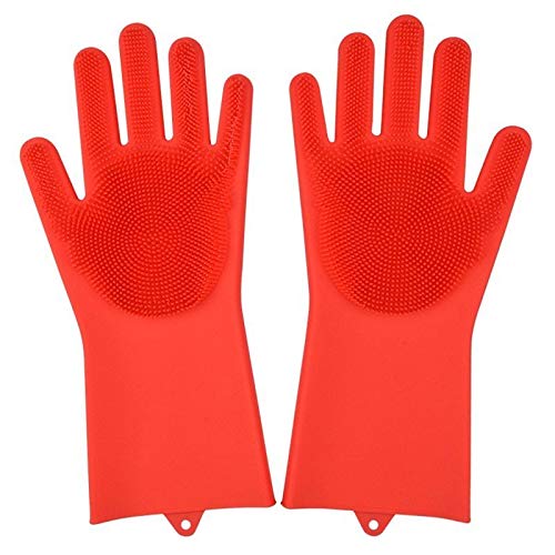 Reusable Silicone Dishwashing Gloves, Rubber Scrubbing Gloves For Dishes,Wash Cleaning Brush With Sponge Scrubbers For Housework, Kitchen, Car, Window Cleaning. 1Pair (13.6" Large) (Red) #TOP1