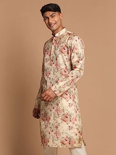 Image of VASTRAMAY Men's Silk Blend Kurta | A Stylish Flower Printed Straight Kurta in Silk Blend Fabric - Traditional for Festive, Wedding