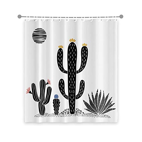 Yongfoto 72X72 Inches Cactus Shower Curtain Simplicity Style Tropical Plants Desert Shower Curtain Botanical Black And White Succulents Aloe With Sun Flowers Plant Shower Curtain Set With Hooks #TOP3
