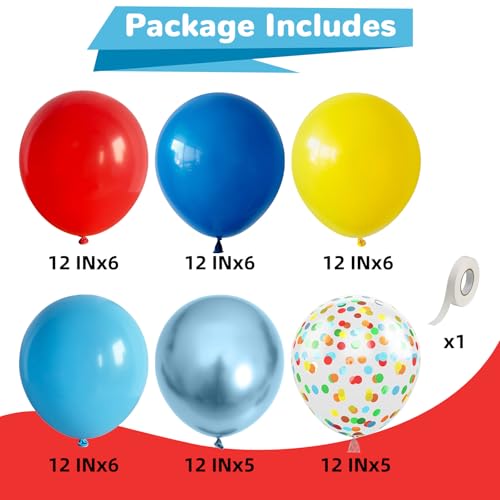 Image of HILAVO Red Yellow Blue Balloons Light Baby Royal Metallic Blue Red Yellow Primary Balloons with Colorful Confetti Latex Balloon for Carnival Circus Baby Shower Birthday Party Decor