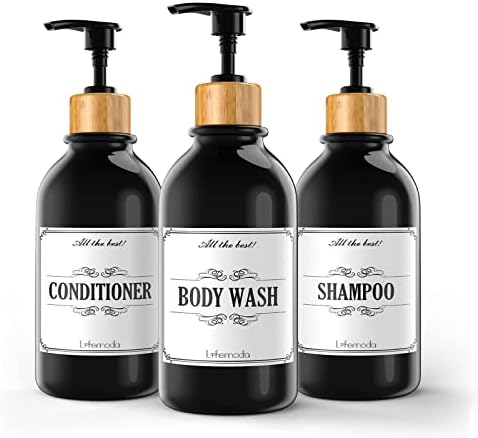Lifemoda Shampoo and Conditioner Dispenser with Bamboo Pump, 3 pcs of 16 oz Shampoo Conditioner Body Wash Dispensers, Refillable Shampoo and Conditioner Bottles with 6 Labels(Black)